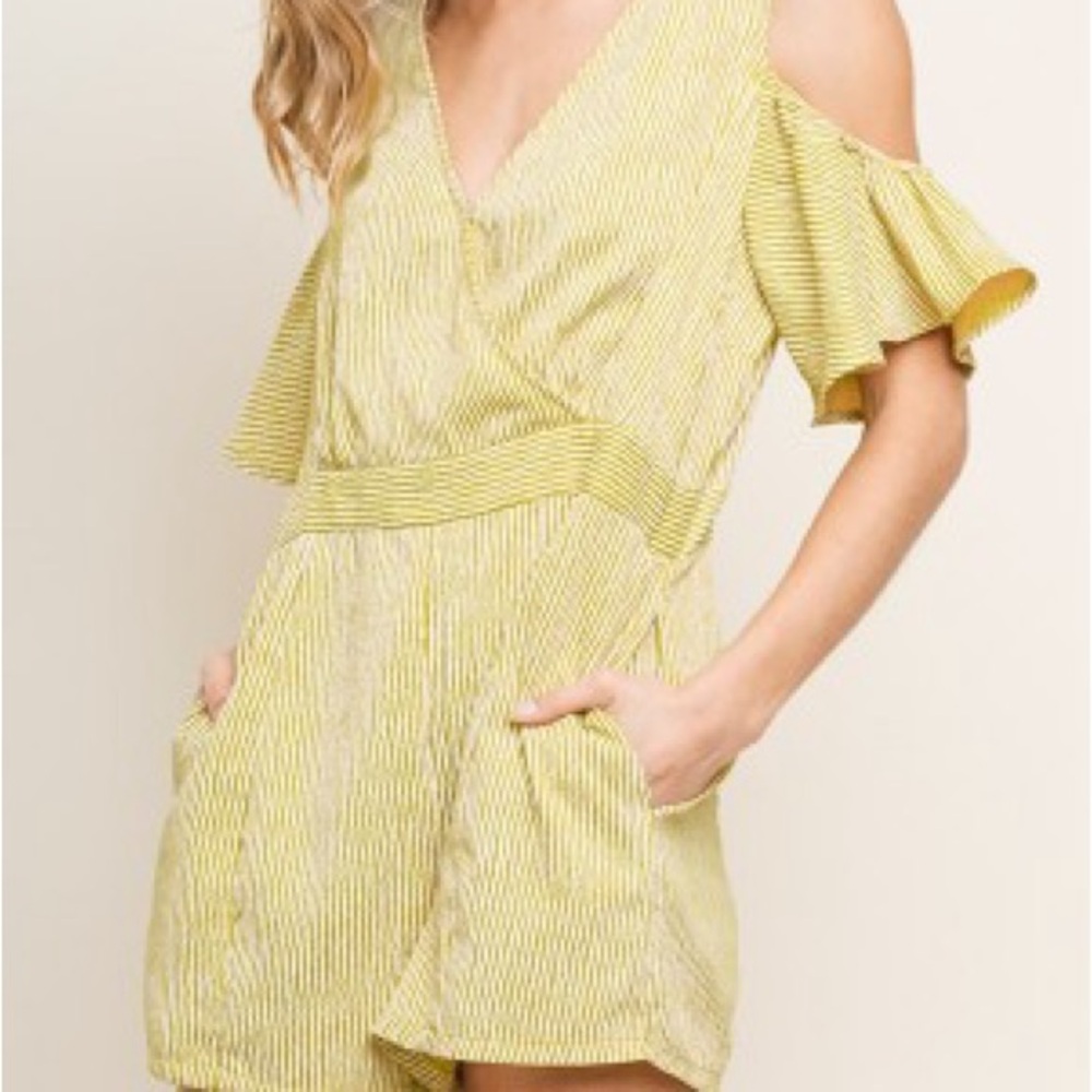 Umgee Yellow Green Striped Cold Shoulder Romper